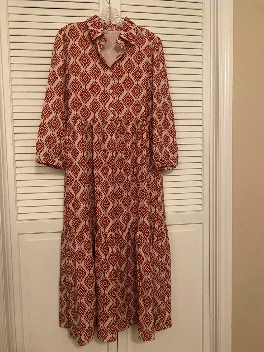 Red Patterned Long-Sleeve Maxi Dress